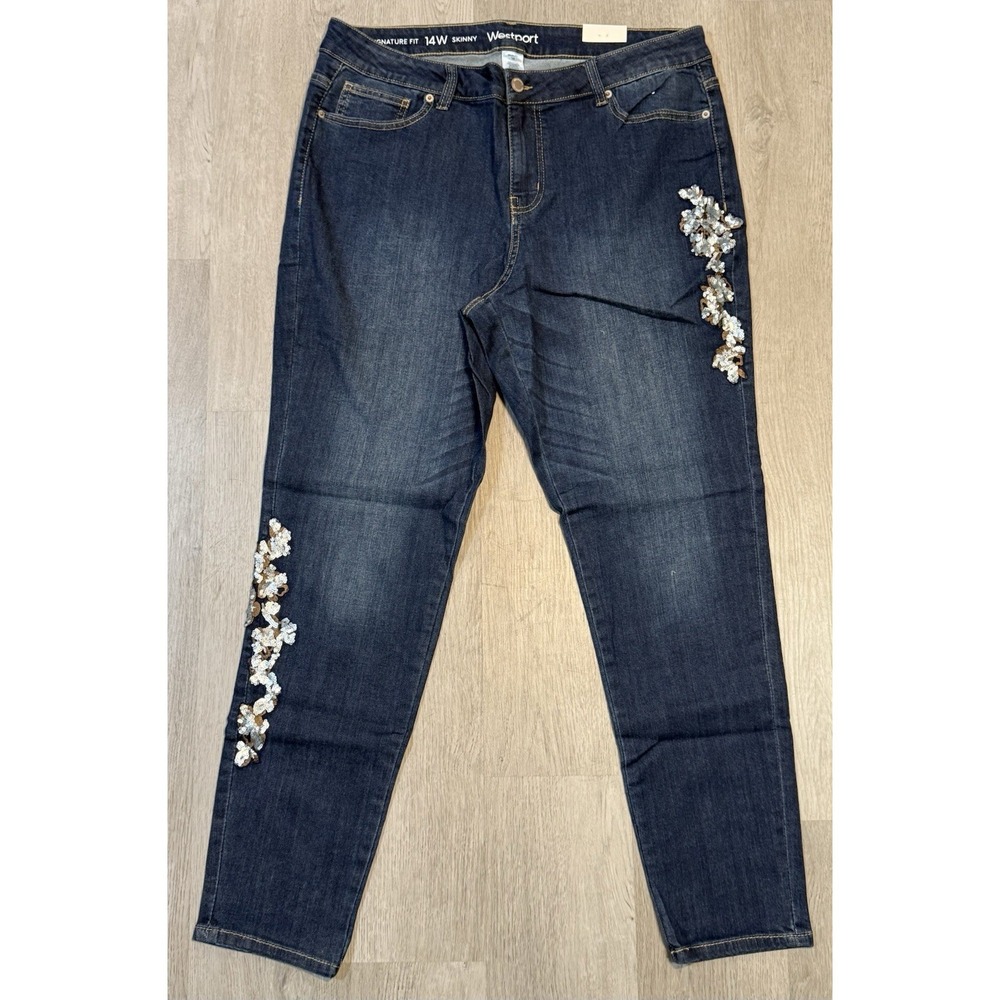 Westport Signature Fit Skinny Jeans Women 14W Dark Wash Sequin Embellished NWT